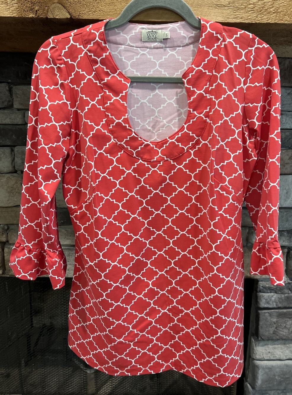 Women’s KATHERINE WAY Red/White Ruffle Sleeves Canaan Tunic Shirt Top Size S *C1